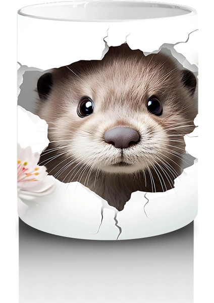 Çiçekler Arasında Duvarı Delen Sevimli Su Samuru - Baskılı Kahve Kupası modelleri