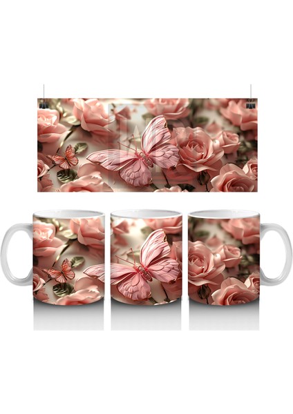 Pembe Çiçek Bahçesinde Zarif Kelebek - Baskılı Kahve Kupası