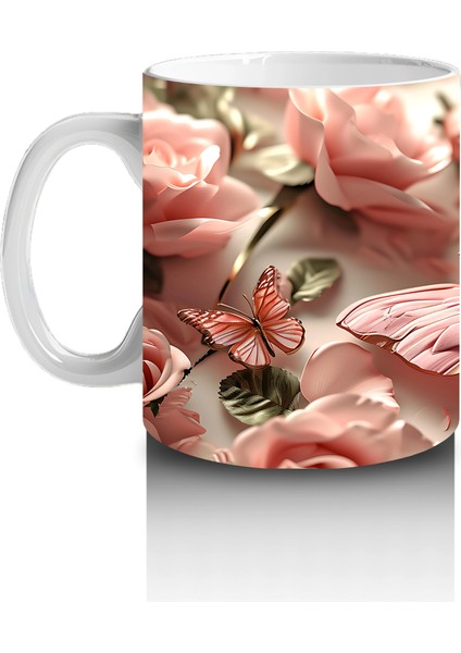 Pembe Çiçek Bahçesinde Zarif Kelebek - Baskılı Kahve Kupası fiyatları