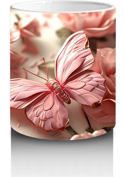 Pembe Çiçek Bahçesinde Zarif Kelebek - Baskılı Kahve Kupası modelleri