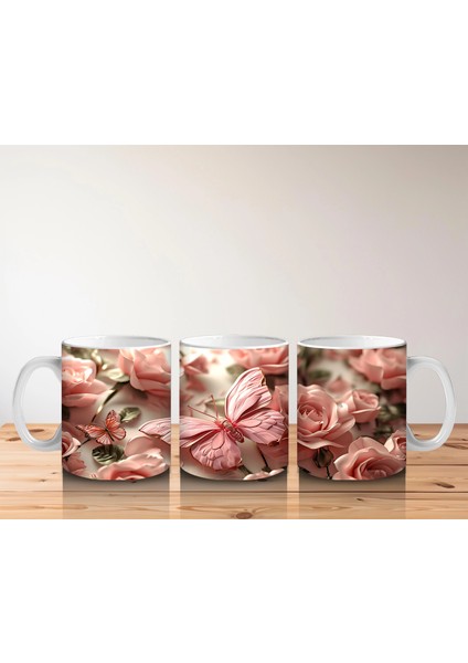 Pembe Çiçek Bahçesinde Zarif Kelebek - Baskılı Kahve Kupası indirimleri