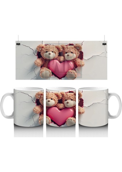 Kalp Arasında Sarılmış Sevimli Ayıcıklar – Baskılı Kahve Kupası