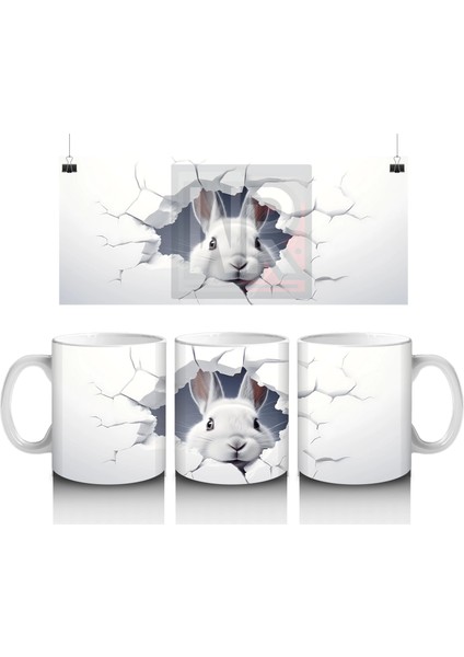 Çatlak Duvardan Bakan Sevimli Beyaz Tavşan – Baskılı Kahve Kupası