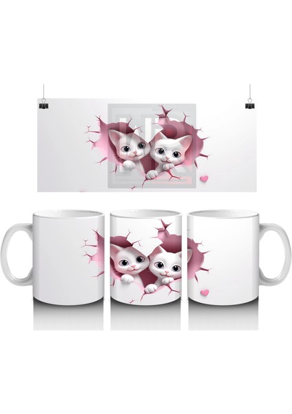 Kalpli Duvar Arasında Aşık Kedi Çifti - Baskılı Kahve Kupası