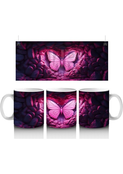 Kalpli Siyah Taşlar Üzerinde Pembe Kelebek – Baskılı Kahve Kupası