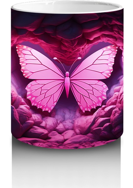Kalpli Siyah Taşlar Üzerinde Pembe Kelebek – Baskılı Kahve Kupası modelleri