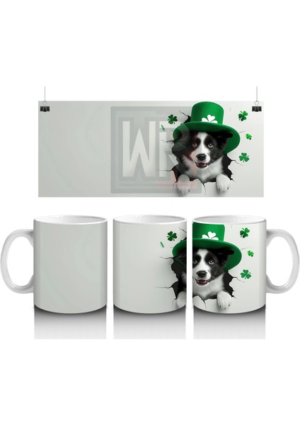 St. Patrick Şapkalı Siyah Beyaz Yavru Köpek – Baskılı Kahve Kupası