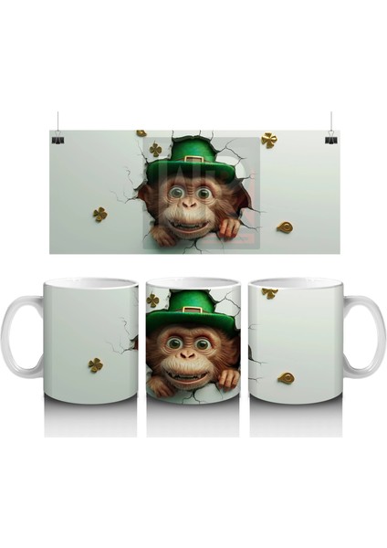 St. Patrick Şapkalı Gülümseyen Maymun – Baskılı Kahve Kupası