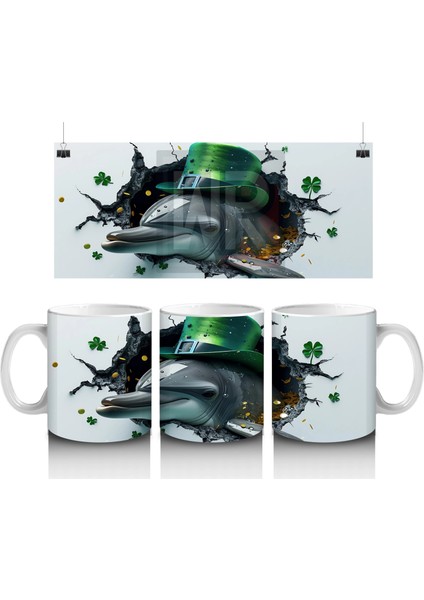 St. Patrick Şapkalı Neşeli Yunus – Baskılı Kahve Kupası