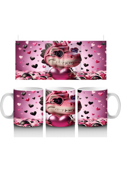 Aşk Temalı Kalpli Gözlü Dinazor – Baskılı Kahve Kupası
