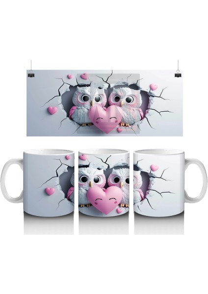 Dalda Oturan Aşık Baykuşlar ve Kalpler – Baskılı Kahve Kupası