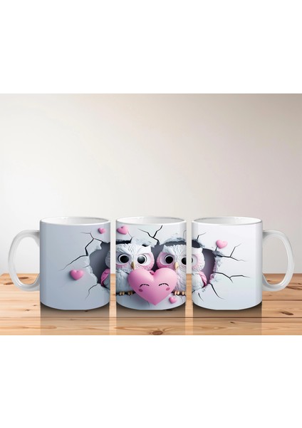 Dalda Oturan Aşık Baykuşlar ve Kalpler – Baskılı Kahve Kupası indirimleri