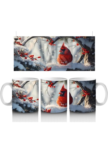 Karlı Dallarda Neşeli Kırmızı Kardinal – Baskılı Kupa Bardak