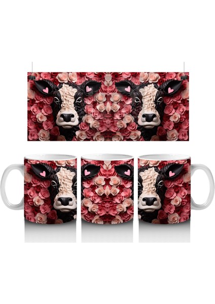 Pembe Çiçek Bahçesinde Bakan Siyah Beyaz Inek – Baskılı Kahve Kupası