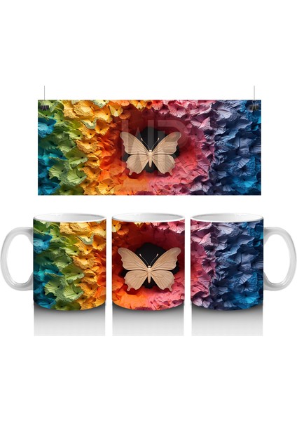 Renkli Rölyef Dokuda Soluk Turuncu Kelebek – Baskılı Kahve Kupası