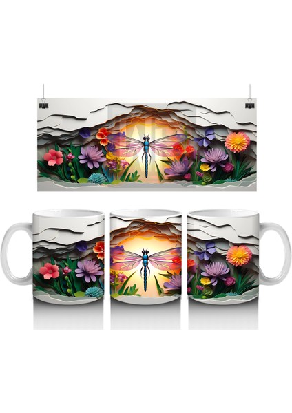 Çiçekler Arasında Parlayan Gün Batımı ve Kelebek – Baskılı Kahve Kupası