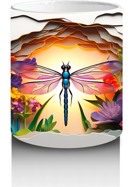 Çiçekler Arasında Parlayan Gün Batımı ve Kelebek – Baskılı Kahve Kupası modelleri