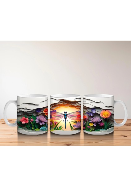 Çiçekler Arasında Parlayan Gün Batımı ve Kelebek – Baskılı Kahve Kupası indirimleri