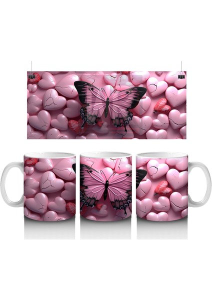 Pembe Kalpler Üzerinde Siyah Kelebek – Baskılı Kahve Kupası