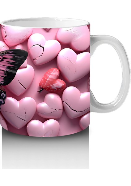 Pembe Kalpler Üzerinde Siyah Kelebek – Baskılı Kahve Kupası fırsatları