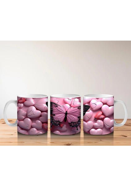 Pembe Kalpler Üzerinde Siyah Kelebek – Baskılı Kahve Kupası indirimleri