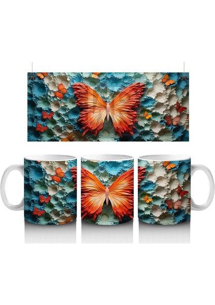 Turkuaz Rölyef Dokulu Zeminde Turuncu Kelebek – Baskılı Kahve Kupası