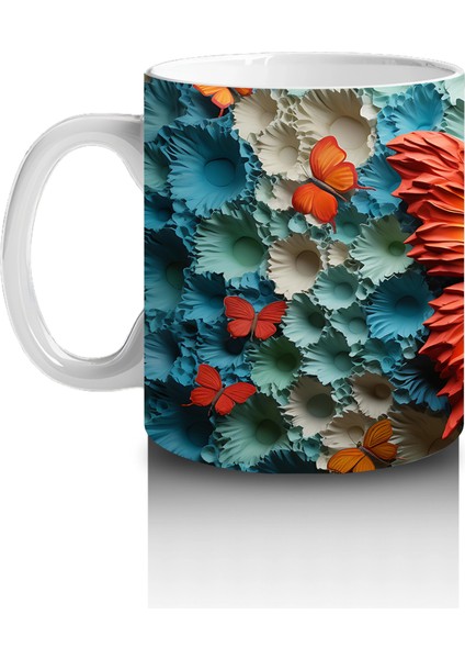 Turkuaz Rölyef Dokulu Zeminde Turuncu Kelebek – Baskılı Kahve Kupası fiyatları