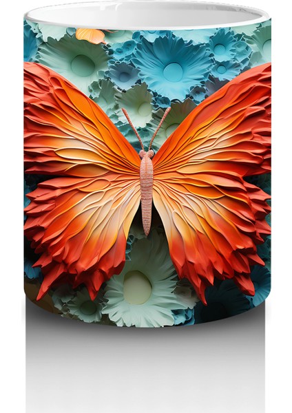 Turkuaz Rölyef Dokulu Zeminde Turuncu Kelebek – Baskılı Kahve Kupası modelleri