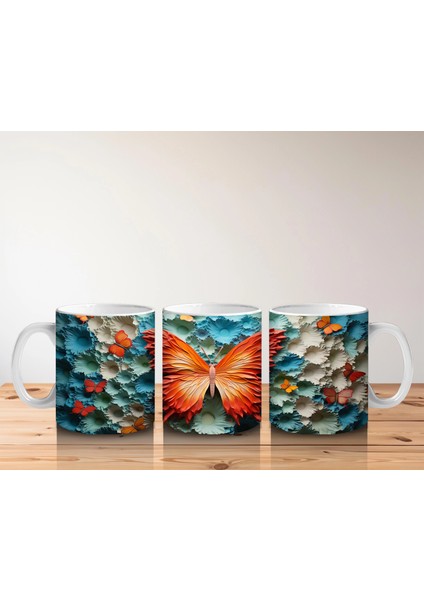Turkuaz Rölyef Dokulu Zeminde Turuncu Kelebek – Baskılı Kahve Kupası indirimleri