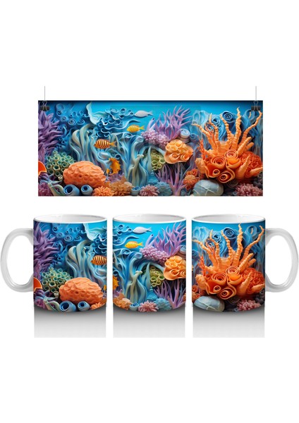 Sualtı Dünyasında Renkli Mercanlar ve Balıklar – Baskılı Kahve Kupası