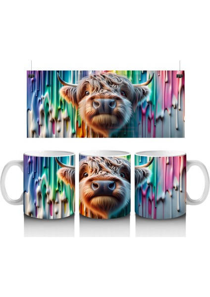 Renkli Damlayan Arka Planda Komik Inek - Baskılı Kahve Kupası