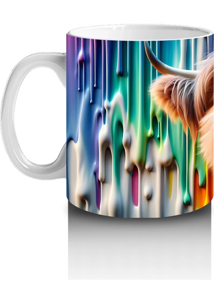 Renkli Damlayan Arka Planda Komik Inek - Baskılı Kahve Kupası fiyatları