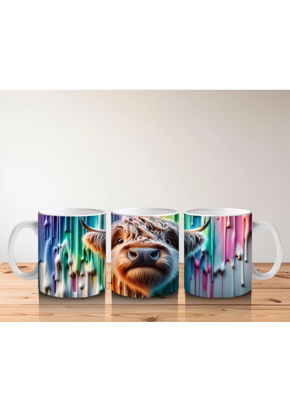 Renkli Damlayan Arka Planda Komik Inek - Baskılı Kahve Kupası indirimleri