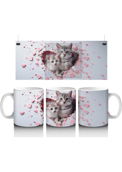 Kalp Çatlağından Bakan Sevimli Gri Kedi – Baskılı Kupa Bardak
