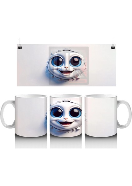 Gözleri Kocaman Sevimli Beyaz Maskot Yüzü – Baskılı Kahve Kupası