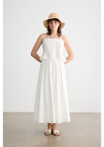 Beyaz Beli Büzgülü Pamuk Keten Etek