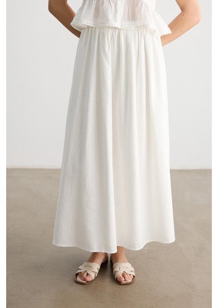Beyaz Beli Büzgülü Pamuk Keten Etek fiyatları