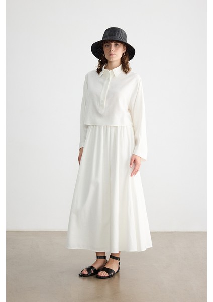 Beyaz Beli Büzgülü Pamuk Keten Etek fırsatları