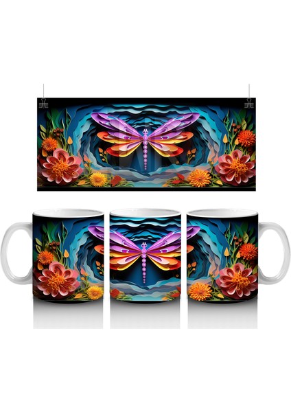 Canlı Çiçekler Arasında Renkli Kelebek – Baskılı Kahve Kupası