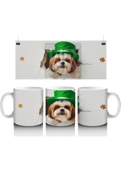 St. Patrick Şapkalı Bıyıklı Sevimli Köpek – Baskılı Kahve Kupası