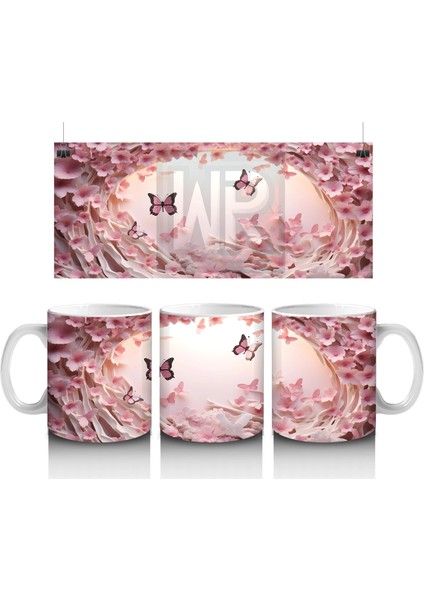 Pembe Çiçekler ve Kalpler Arasında Uçan Kelebekler – Baskılı Kahve Kupası