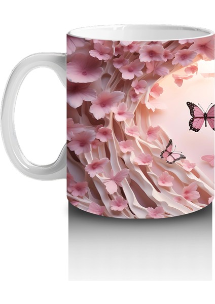 Pembe Çiçekler ve Kalpler Arasında Uçan Kelebekler – Baskılı Kahve Kupası fiyatları