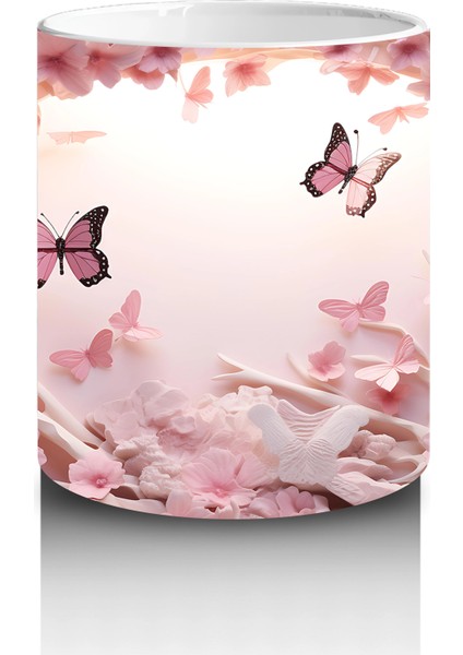 Pembe Çiçekler ve Kalpler Arasında Uçan Kelebekler – Baskılı Kahve Kupası modelleri