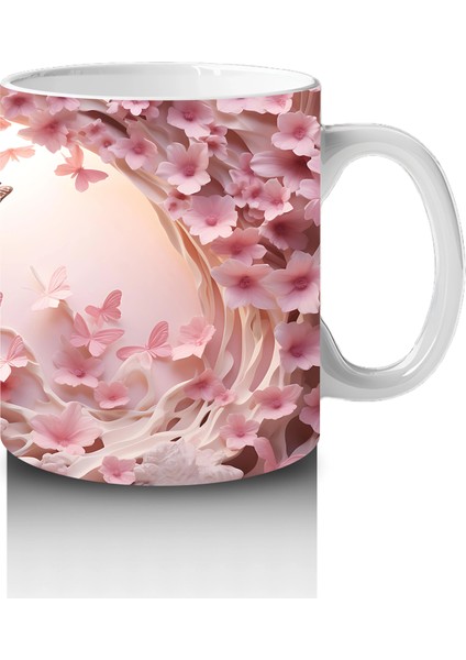 Pembe Çiçekler ve Kalpler Arasında Uçan Kelebekler – Baskılı Kahve Kupası fırsatları