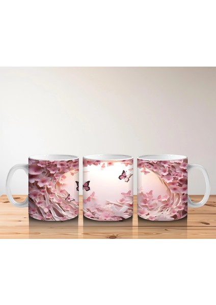 Pembe Çiçekler ve Kalpler Arasında Uçan Kelebekler – Baskılı Kahve Kupası indirimleri