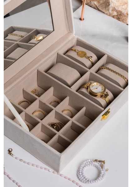 Aynalı Bej Kadife Takı Kutusu, Organizer, Düzenleyici 25X16X7 cm