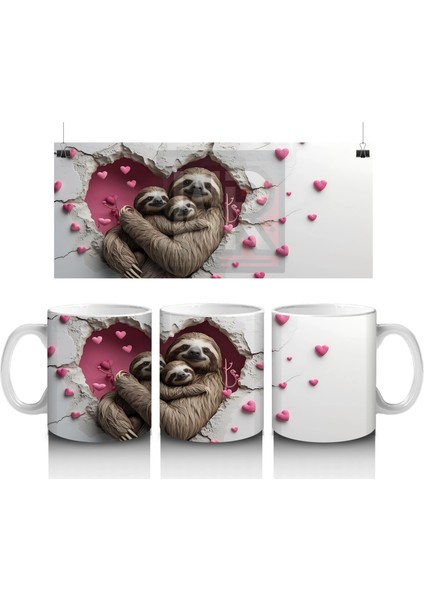 Kalp Tutan Şapkalı Sevimli Tembel Hayvan – Baskılı Kahve Kupası