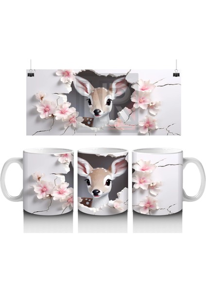 Pembe Çiçekler Arasında Bakan Sevimli Geyik – Baskılı Kahve Kupası