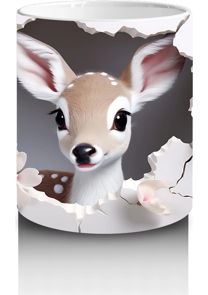 Pembe Çiçekler Arasında Bakan Sevimli Geyik – Baskılı Kahve Kupası modelleri