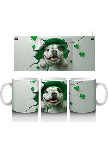 Yonca Yapraklarıyla Çevrili Sevimli Bulldog – Baskılı Kahve Kupası